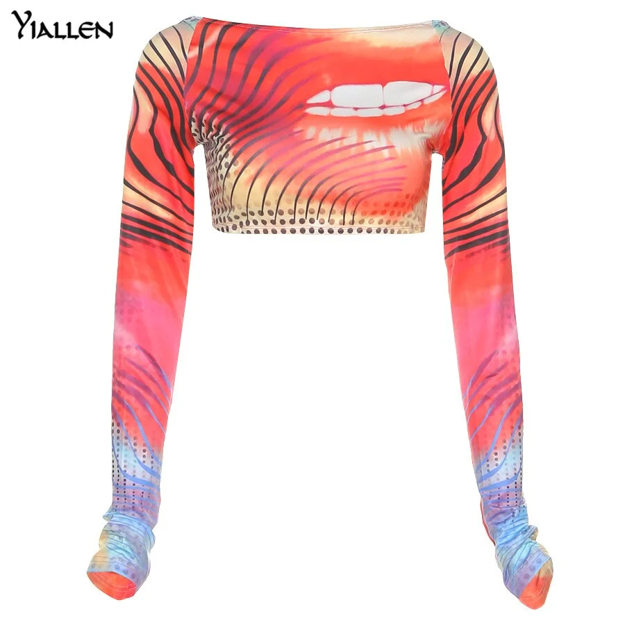 Yiallen Autumn Colorful Print Y2K Crop Tops New Women Sexy Backless Long Sleeve T-Shirts Hipster Skinny Hip Hop Tees Streetwear