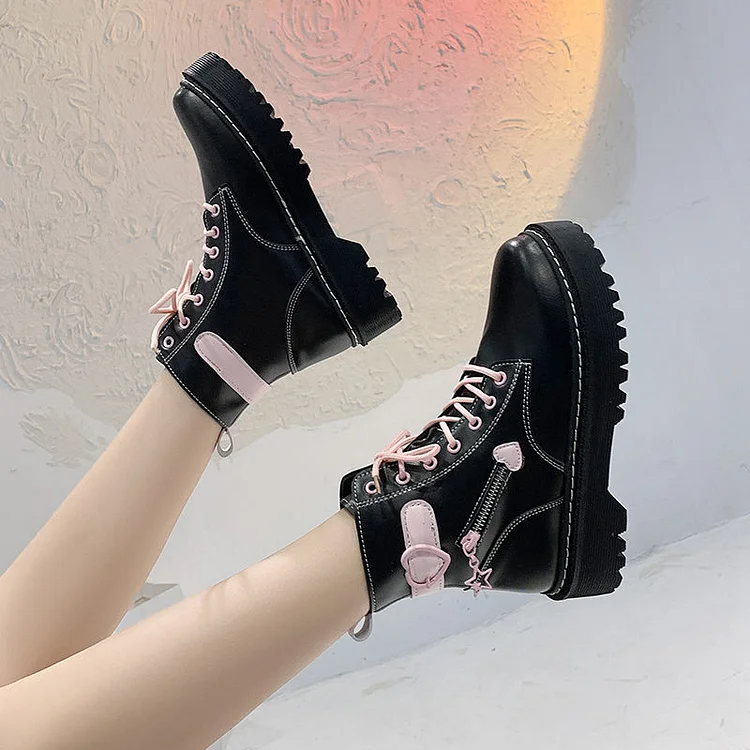 Lolita Kawaii Black Pink Platform Round Boots - Gotamochi Kawaii Shop, Kawaii Clothes