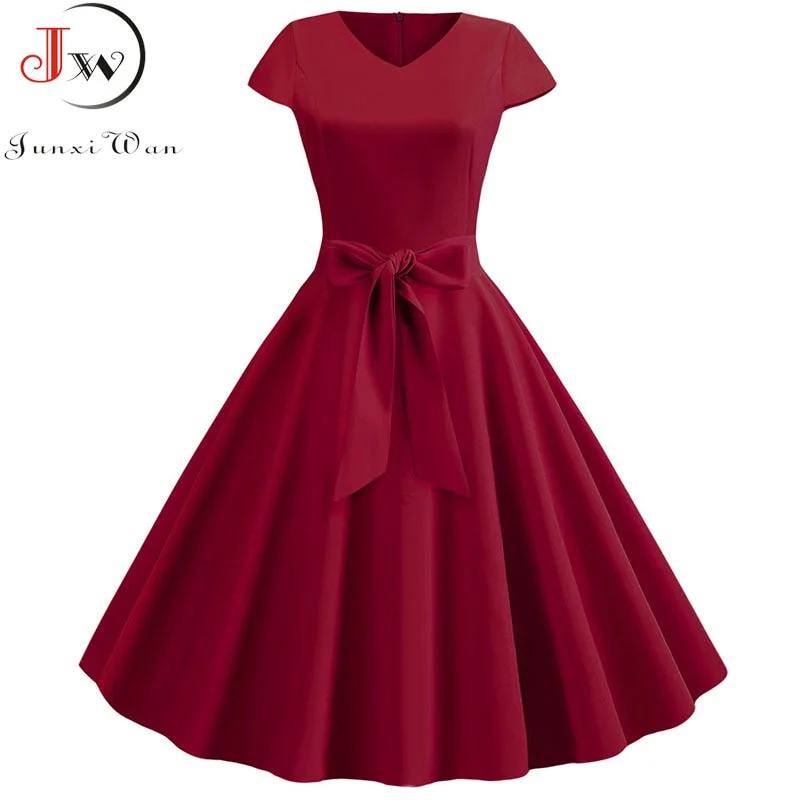 Yellow Solid Color Summer Dress Vintage Women Swing Rockabilly Dresses Robe Femme Elegant  Casual Party Midi Vestidos