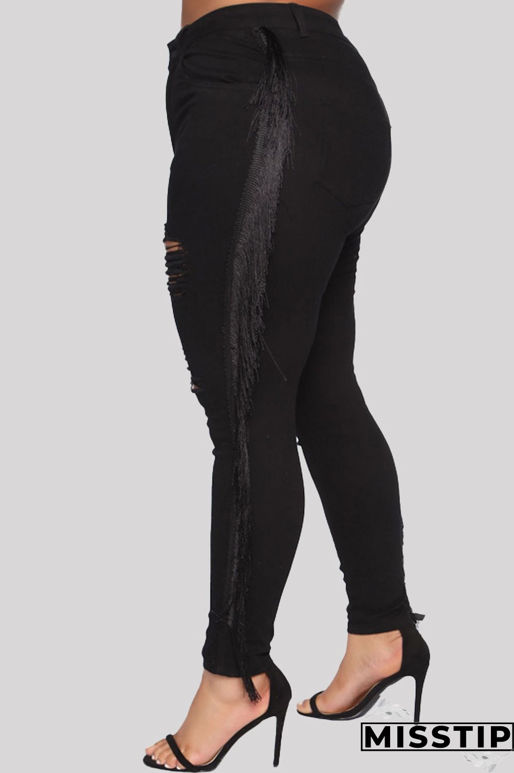 Black Fashion Casual Solid Tassel Ripped Plus Size Jeans
