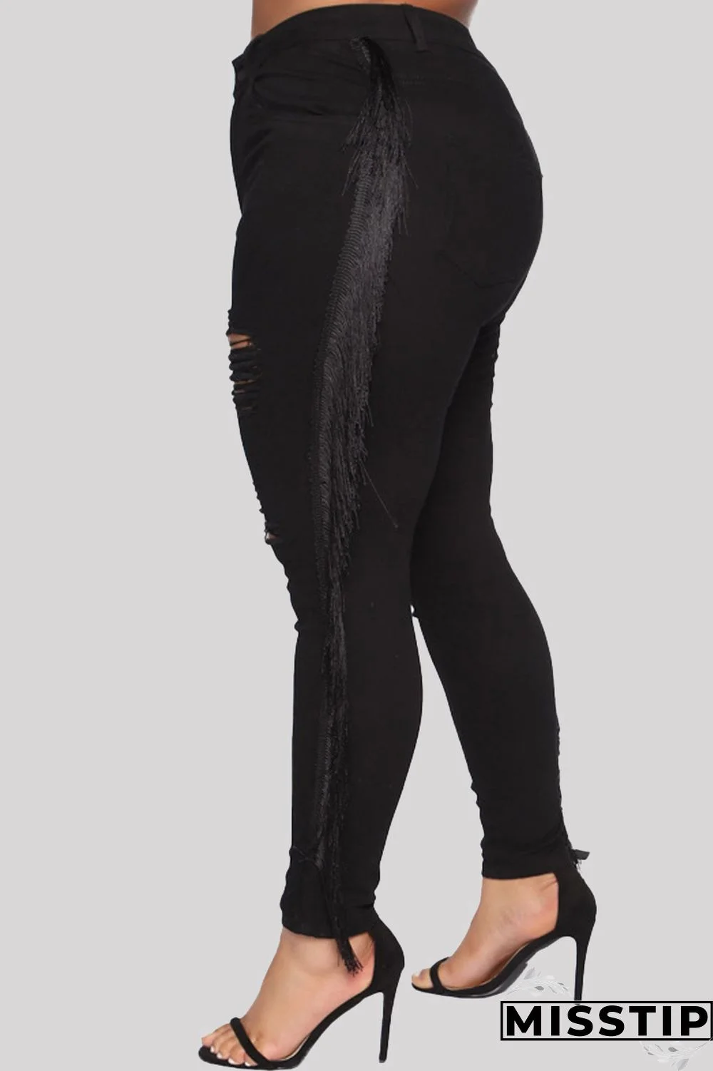 Black Fashion Casual Solid Tassel Ripped Plus Size Jeans