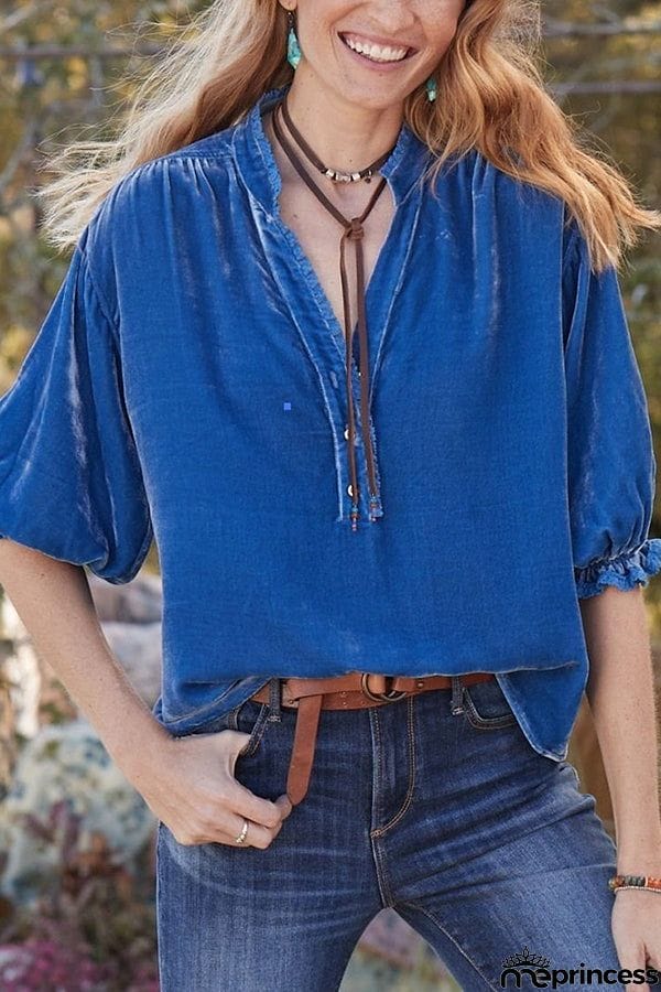 Literary Retro Lantern Sleeve Velvet Button Pullover Shirt