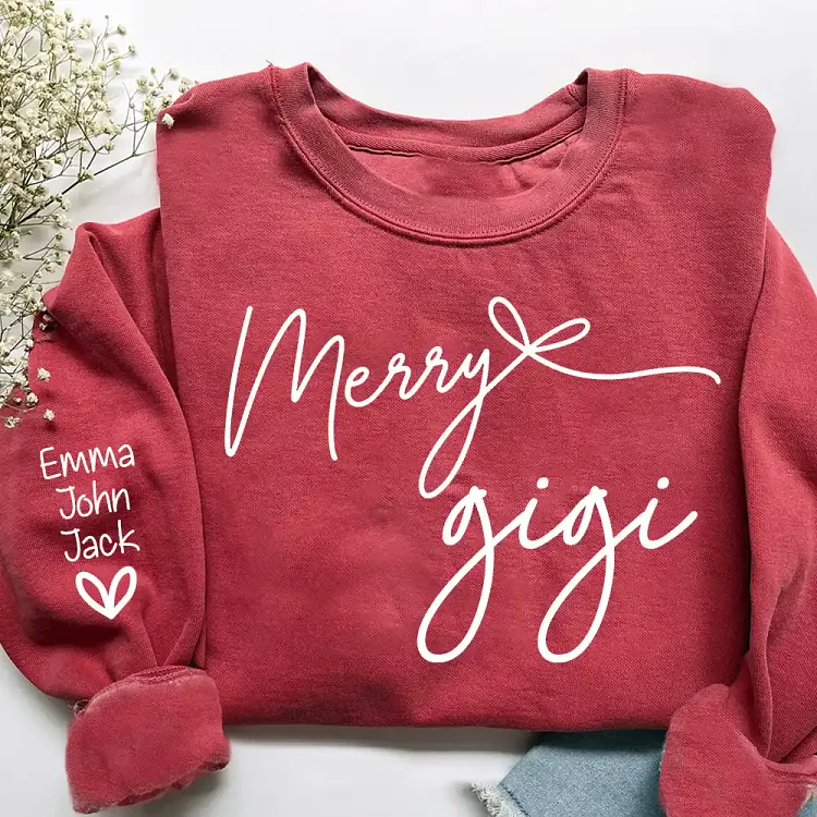 Custom Merry Gigi Sweatshirt, Minimalist Bow Script Gigi Sweatshirt, Personalized Kids Names Sleeve Holiday Gift