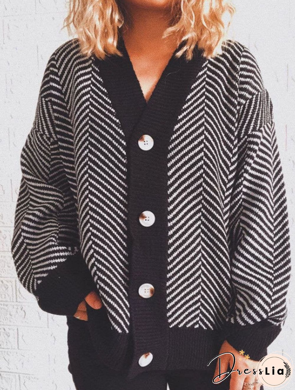 V-neck Striped Casual Loose Sweater Cardigan