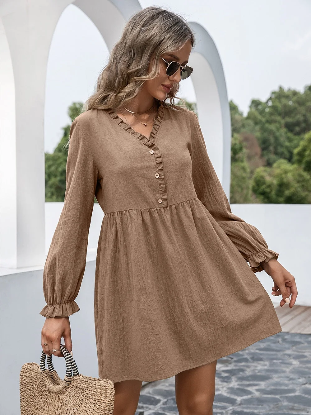 Women Vintage Front Button Ruffled A-line Dress Lantern Sleeve Deep V neck Solid High Street Mini Dress 2021 Autumn New Dress