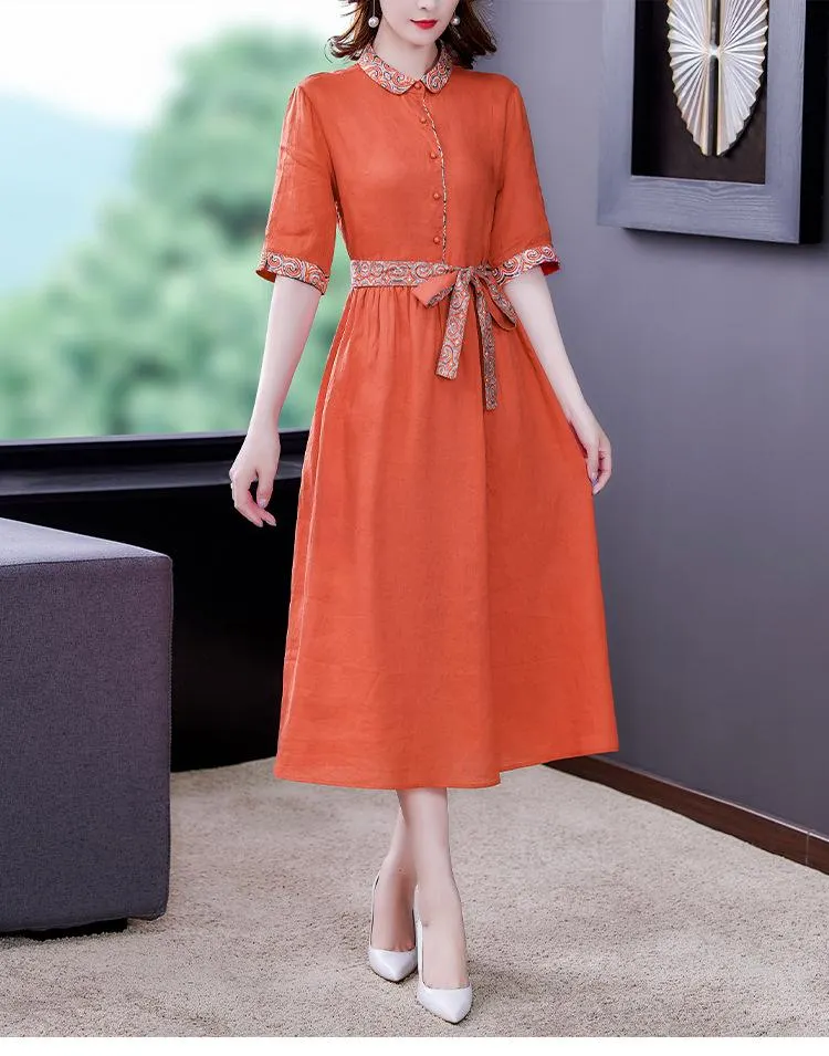 Elegant mid-length cotton and linen dress