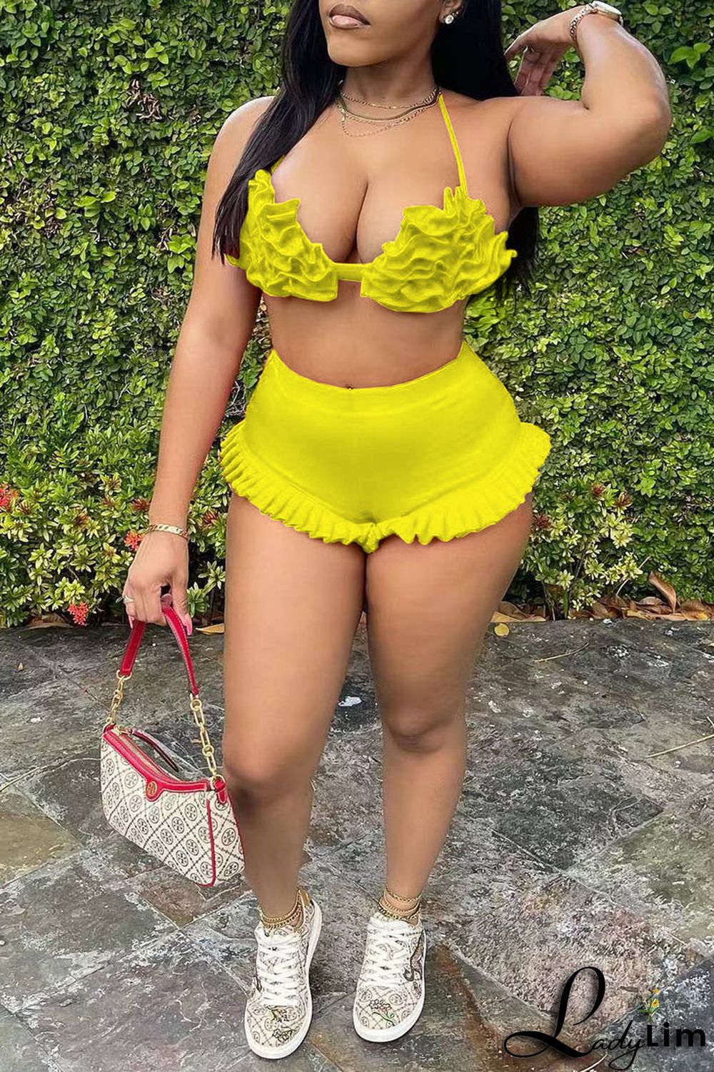 Pink Sexy Solid Split Joint Halter Sleeveless Two Pieces