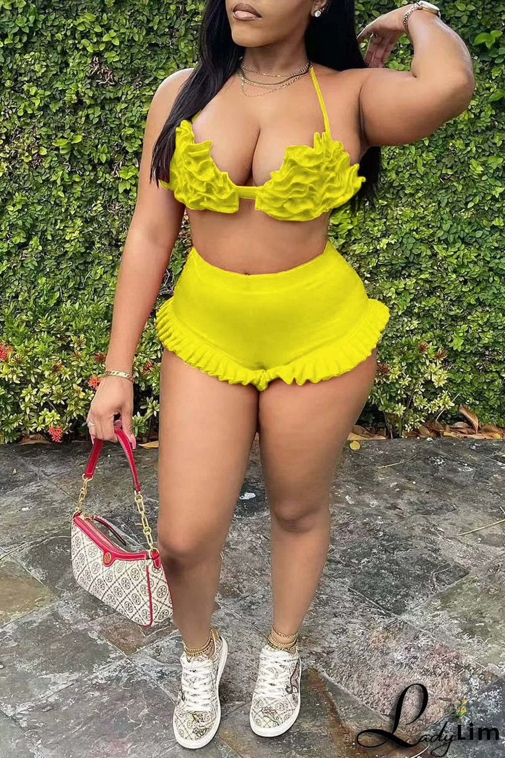 Pink Sexy Solid Split Joint Halter Sleeveless Two Pieces