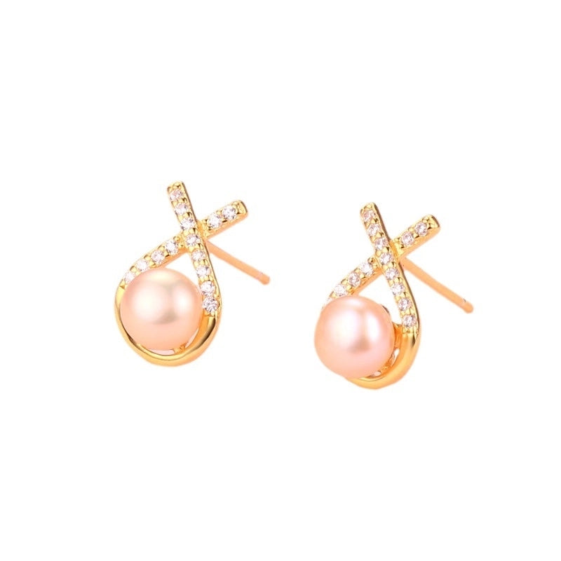 1 Pair 925 Sterling Silver Pearl Geometric Ear Studs