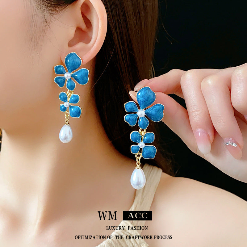 Medieval Flower Geometric Flower Artificial Pearl Oil Dripping Earrings
