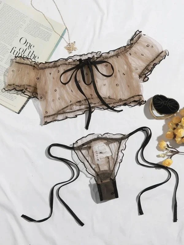 Brownm Sex Lingerie Sexy Women's Net Yarn Perspective Shoulder Bra Lingerie Set