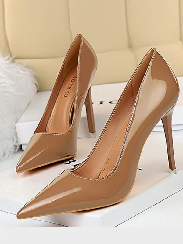 Fashion stiletto shiny patent leather shallow pointy sexy single shoes