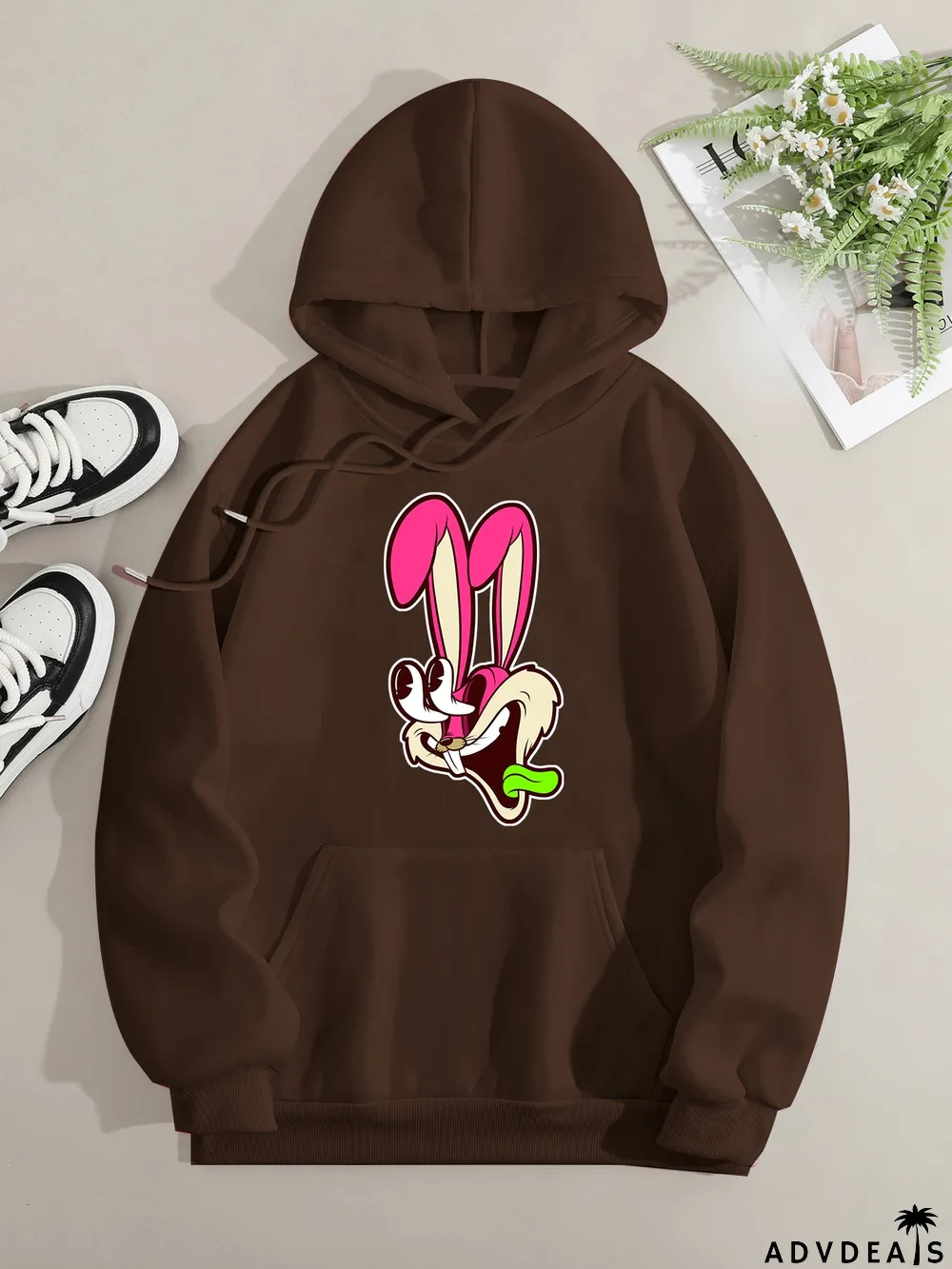 Printed on front Kangaroo Pocket Hoodie Long Sleeve for Women Pattern Rabbit Surprised