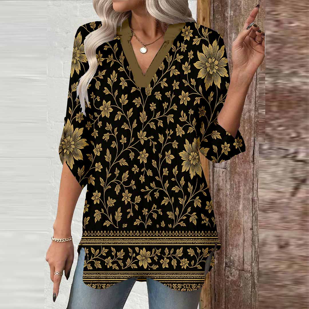 Women Retro, Green DZGA0334 3/4 Sleeve V-neck Printed Graphic Button Tops