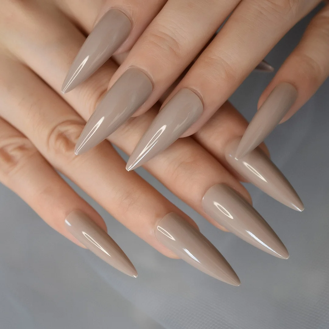 Long Stiletto Nude Pink Faux Ongles Fake Nails Sharp Glossy Gel Nail Tips Full Cover Solid Color Press On False Nail Salon-Nail Inspo
