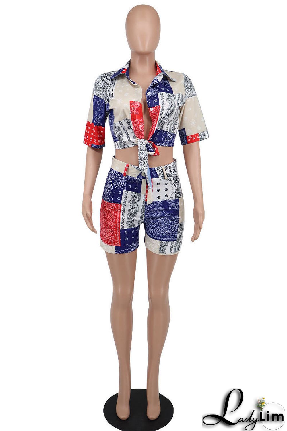 Blue Fashion Casual Print Bandage Turndown Collar Short Sleeve Two Pieces