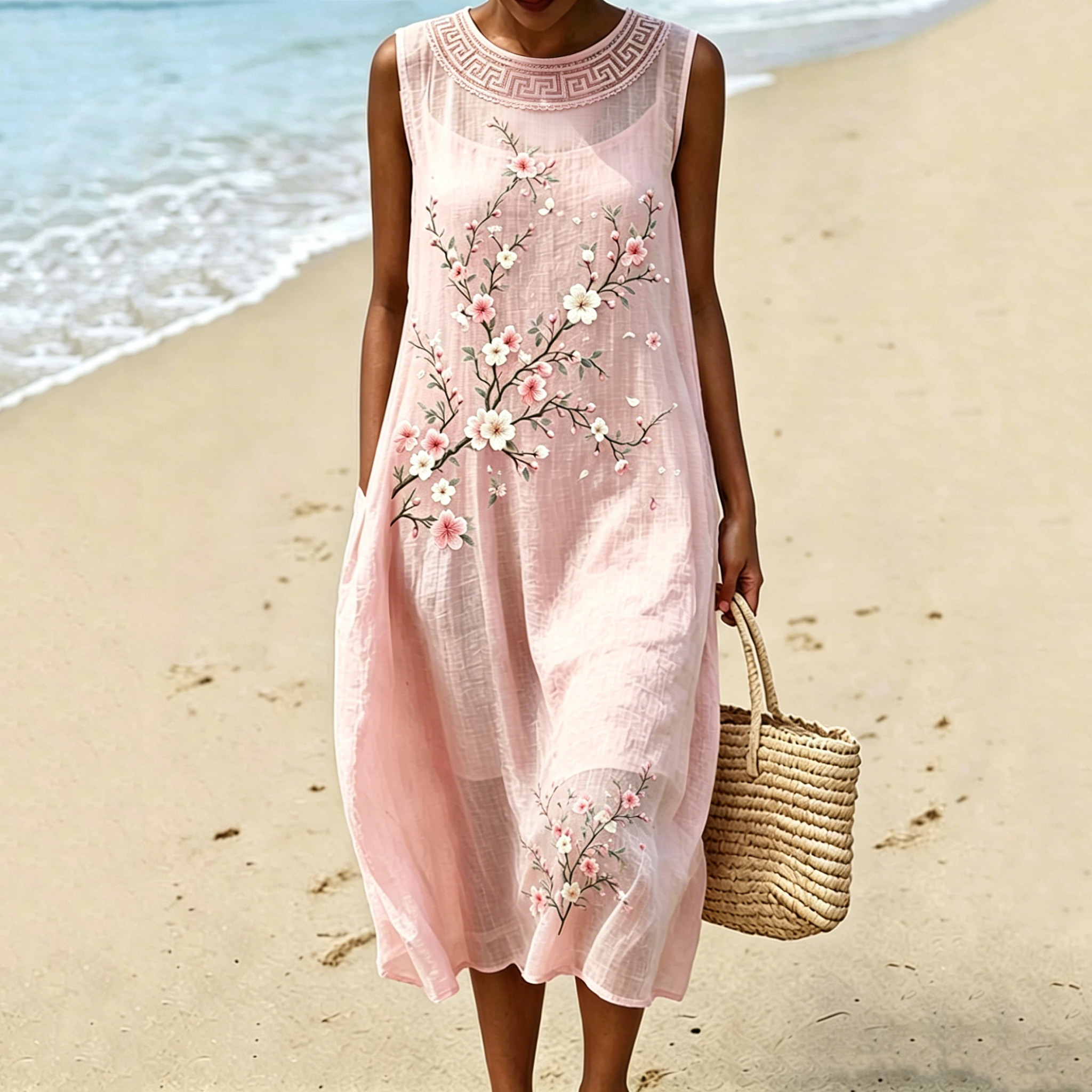 Women's Vintage Floral Designs Linen Round-neck Dress wearshes