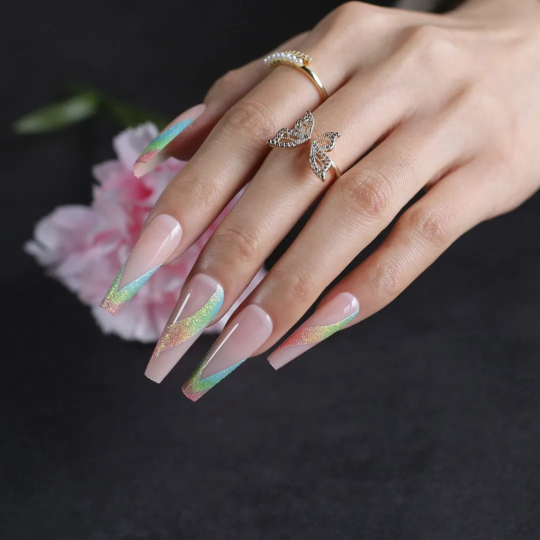 Nude clear artificial extra Coffin Fake nails Glitter Blue Rainbow Ombre V French Gel Fasle nails Ballet Art nails 24pcs Reuse-Nail Inspo