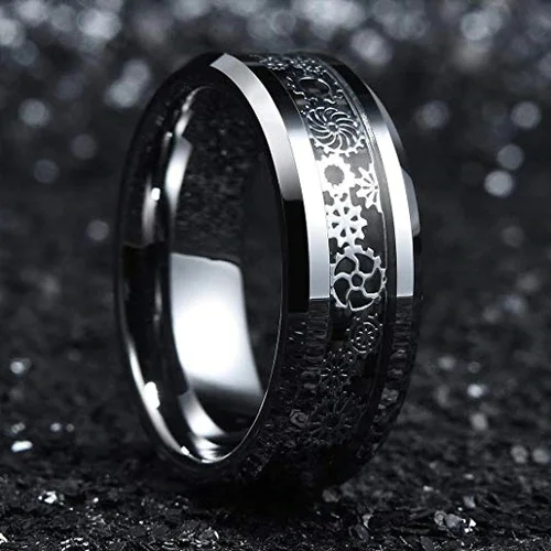 6MM 8MM Women's or Men's Tungsten Carbide Wedding Watches Gear Rings Silver With Silver Watch Gear Resin Inlay Design Over Black Carbon Fiber
