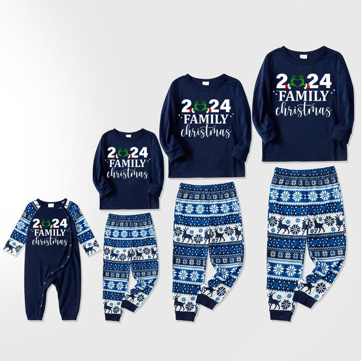 "2024 Family Chriatmas" Quirky Heart Letter Print Blue Long Sleeve Family Matching Pajamas With Dog bandana