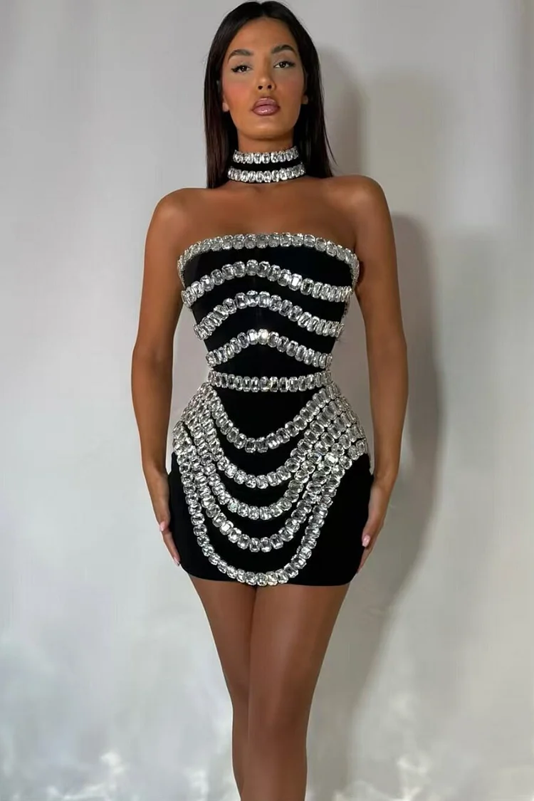 Crystal Embellishments Choker Neckline Mini Dress-Black