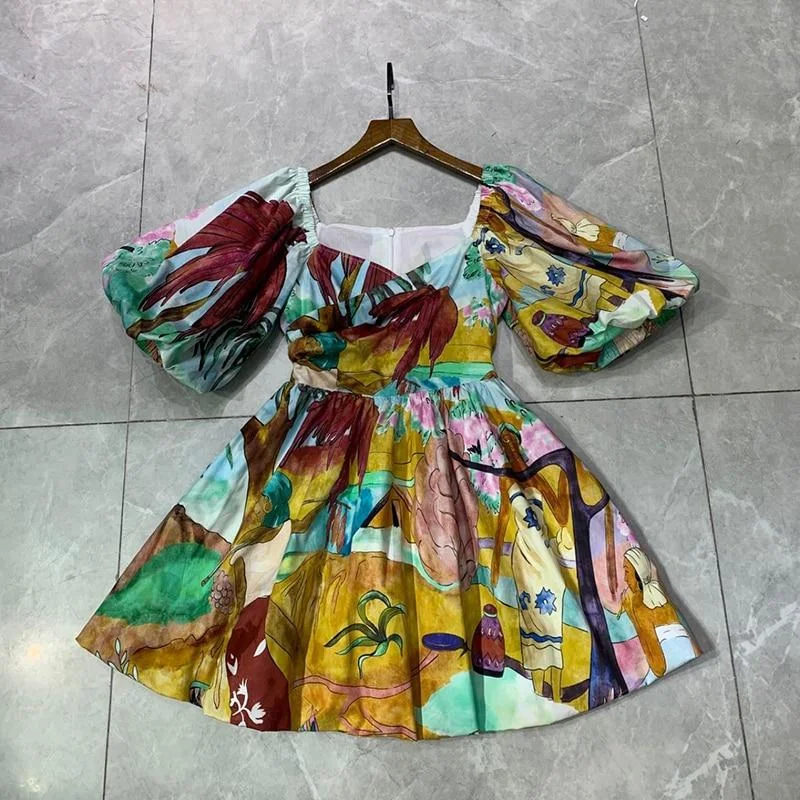 ABEBEY Print Ball Gown For Women V Neck Puff Short Sleeve High Waist Mini Dresses Female 2023 Summer Fashion Clothing Tide