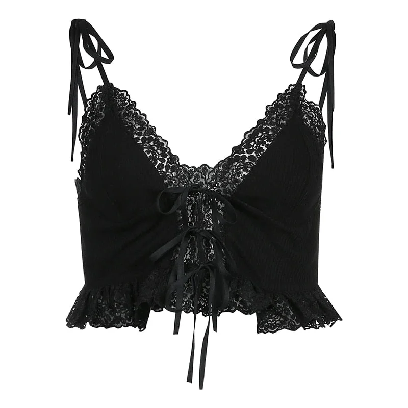 HEYounGIRL Frill Lace Sexy Crop Tops Tees Women Front Tie Sleeveless Cami Top Summer White V Neck Spaghetti Strap Top Party Club