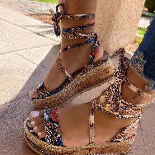 Women's snakeskin strappy platform ankle lace-up sandals
