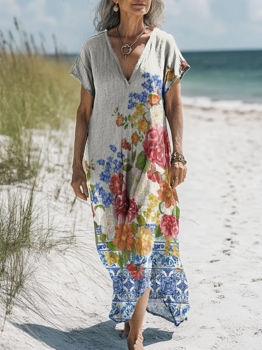 Women's Vintage Colorful Flower Art Print Pocket Cotton Dress