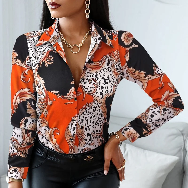 Women Vintage Floral Print Lacing Blouse Shirt Autumn Long Sleeve Sexy V Neck Ladies Top Casual Button Female Fashion Slim Blusa