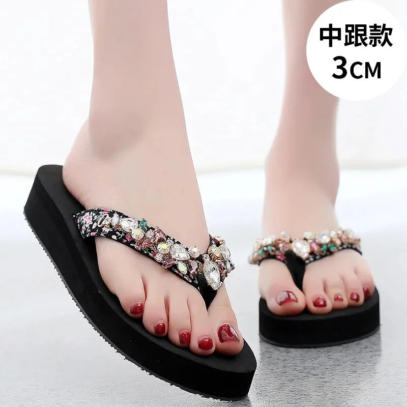 Ueong Women Shoes Daily Wear Daily Wear Home Beach Slipper Colorful Gem Stone Platform Wedge Beach Flip Flops Sandals