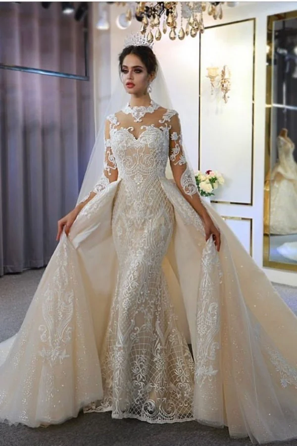 Daisda Gorgeous A-Line Sweetheart Long Sleeves Floor-length Wedding Dress With Appliques Lace