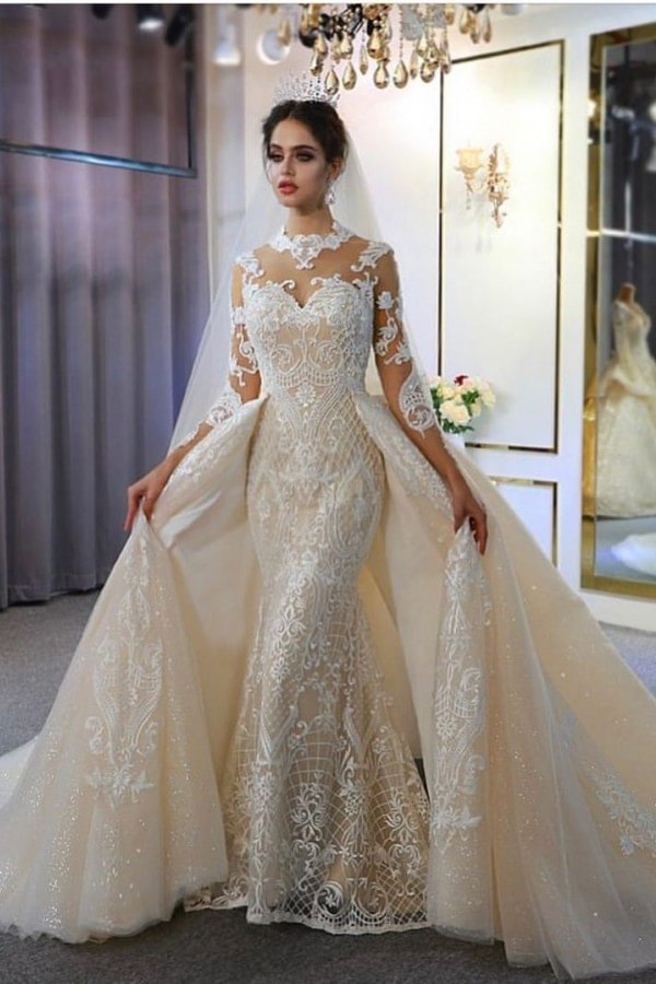 Glamorous Long Sleeves Floor-length A-Line Sweetheart Wedding Dress With Appliques Lace | Ballbellas Ballbellas