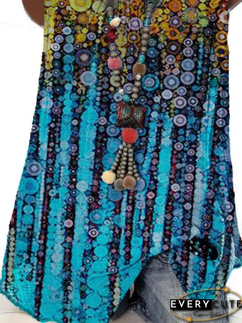 Ombre/Tie-Dye Sleeveless Printed Cotton-blend Crew Neck Casual Summer Blue Top