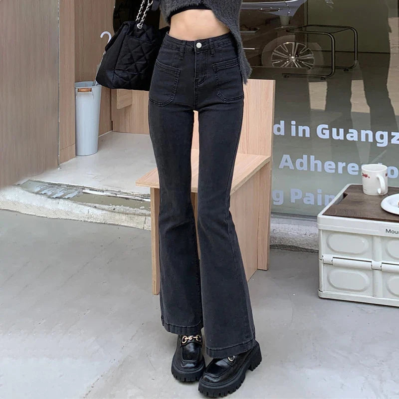 Aiertu Black Gray High-waisted Flared Jeans Women's Retro Straight Elastic Slim Slim Wide-leg Flared Pants Female Trousers Aiertu