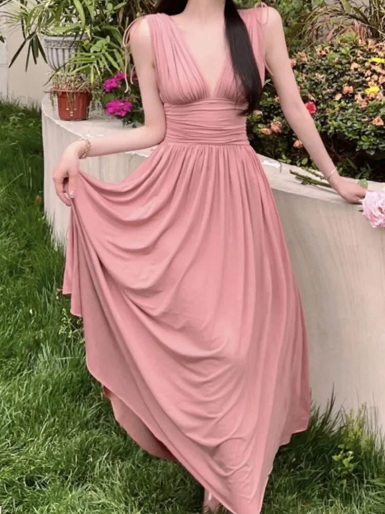 Churchf New Elegant Casual Women Midi Pink Dress Sleeveless Vintage Slim Fashion Party Prom Sundress Femme A-Line Outerwear Robe-Outfit Ideas