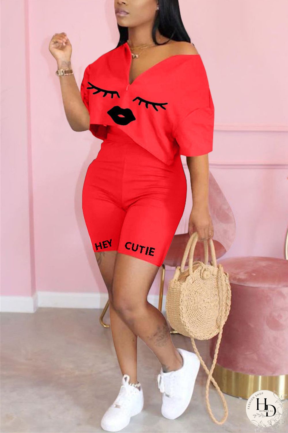 Black Fashion Casual Printed T-shirt Shorts Set