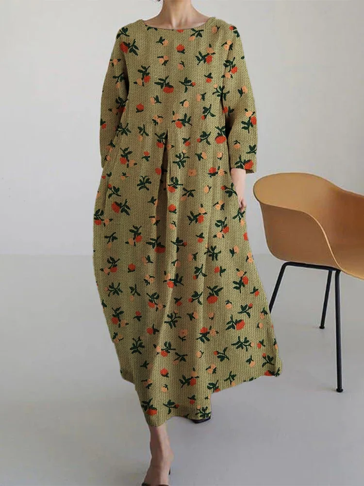 Women's Casual Roses Print Long Sleeve Midi Dress