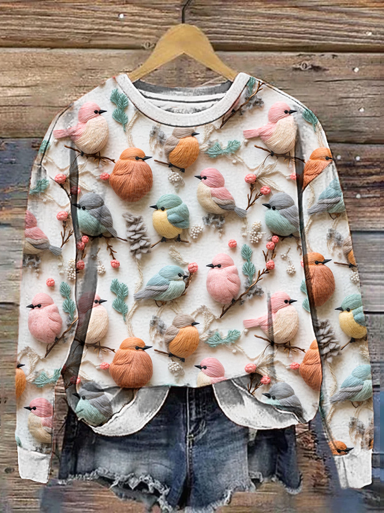 Flowers and Birds Embroidery Pattern Casual Cozy Sweatshirt wearshes