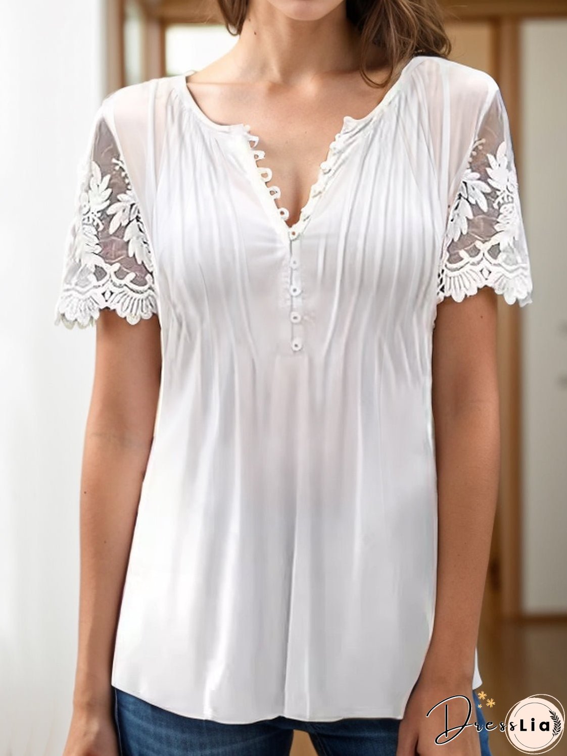 Notched Lace Short Sleeve Top
