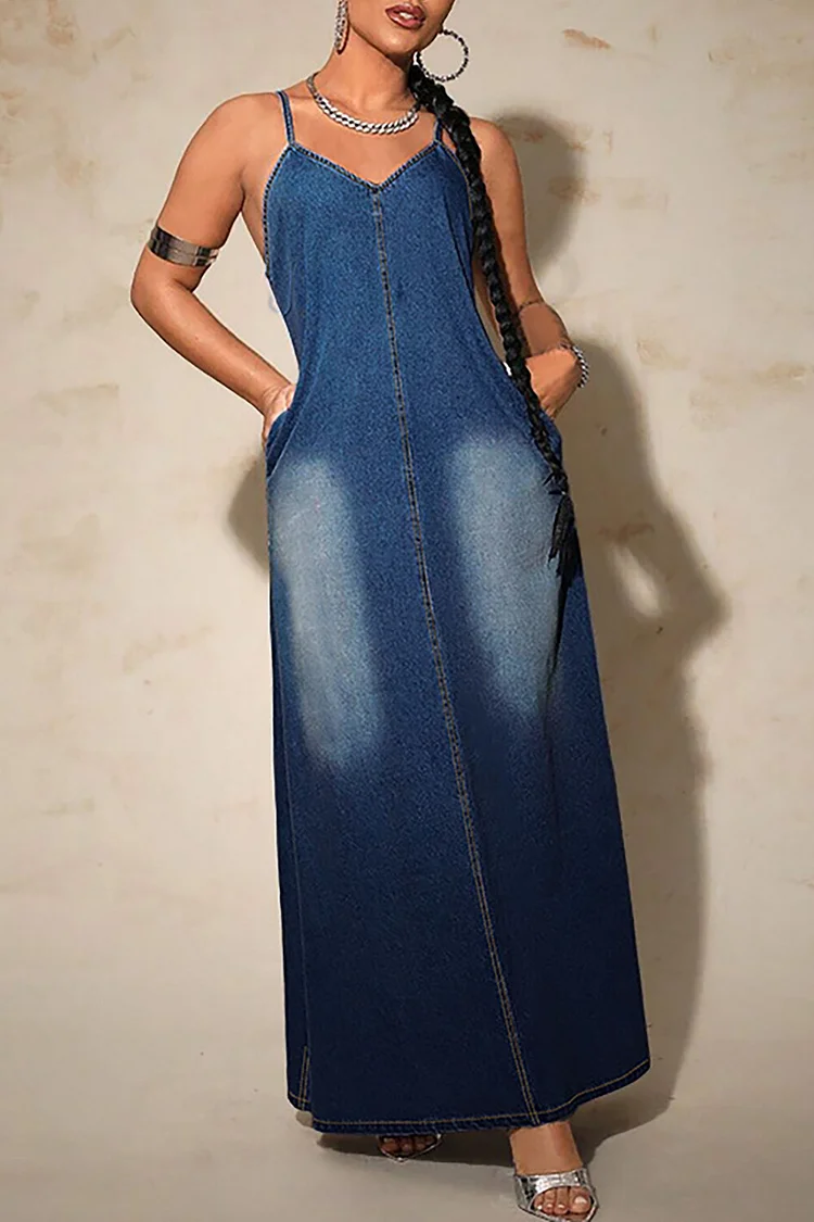 V Neckline Pocket Denim Cami Maxi Dresses-Blue