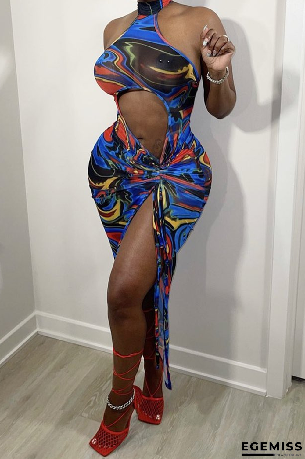 Blue Sexy Print Hollowed Out Halter Pencil Skirt Dresses | EGEMISS