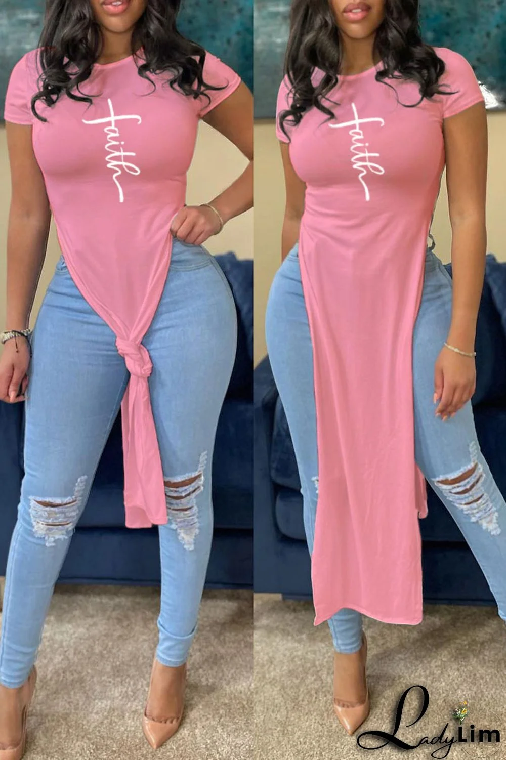 Pink Fashion Casual Print Slit O Neck T-Shirts