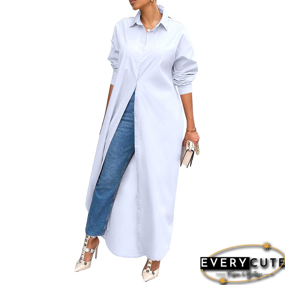 White Long Sleeve Buttoned Maxi Shirt Dress