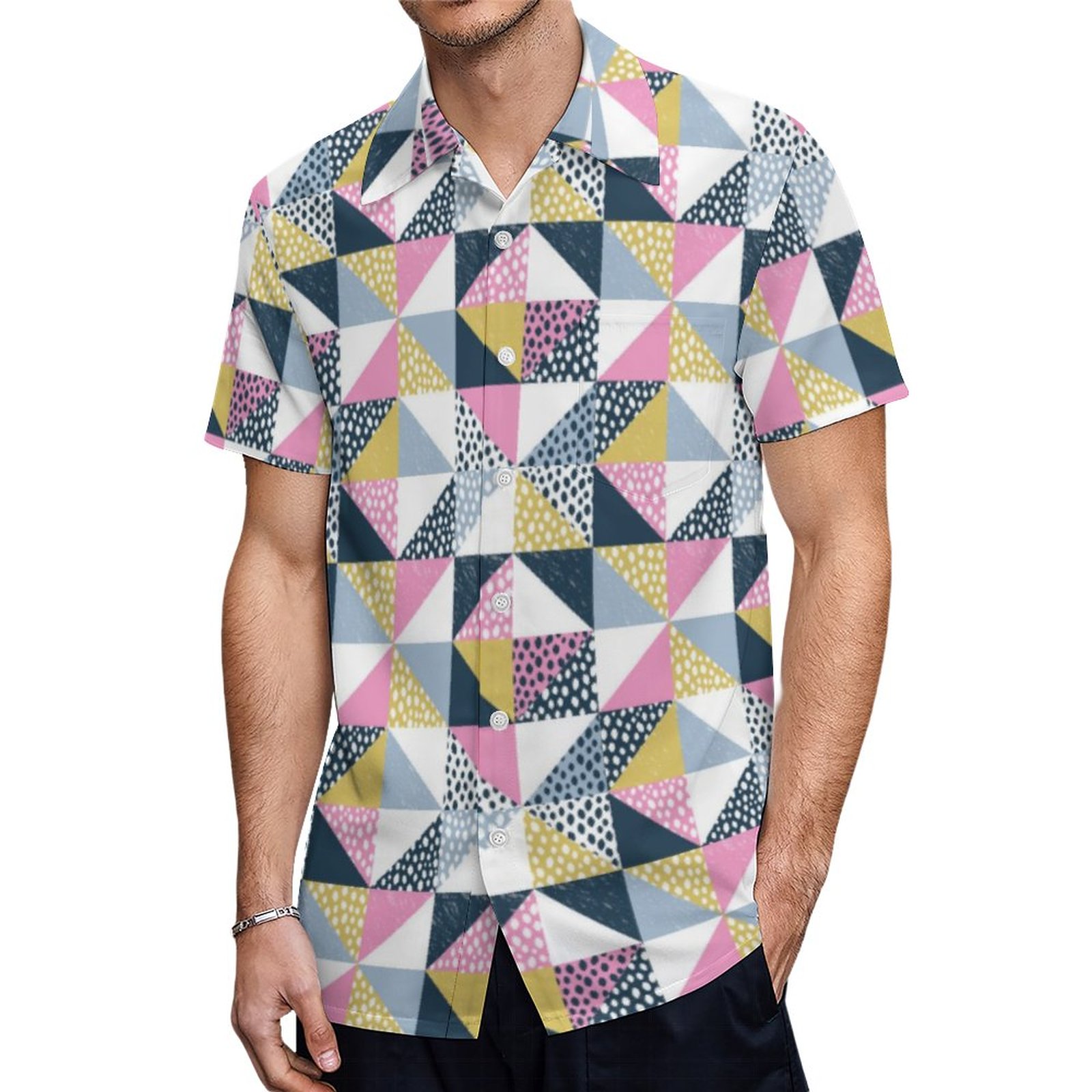 Pink Mustard Blue White Geometric Pattern Hawaiian Shirt Mens Button Down Tropical Hawaii Beach Shirts