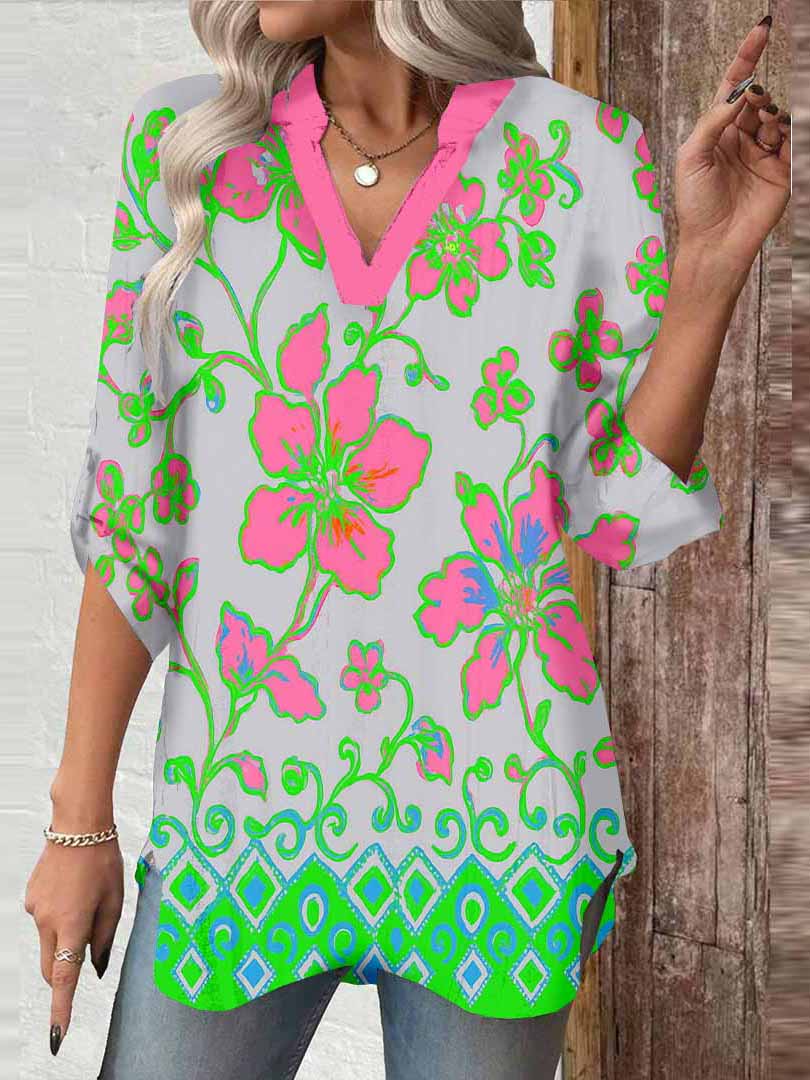 Women Floral,Green,Red DZGA0266 3/4 Sleeve V-neck Printed Graphic Button Tops