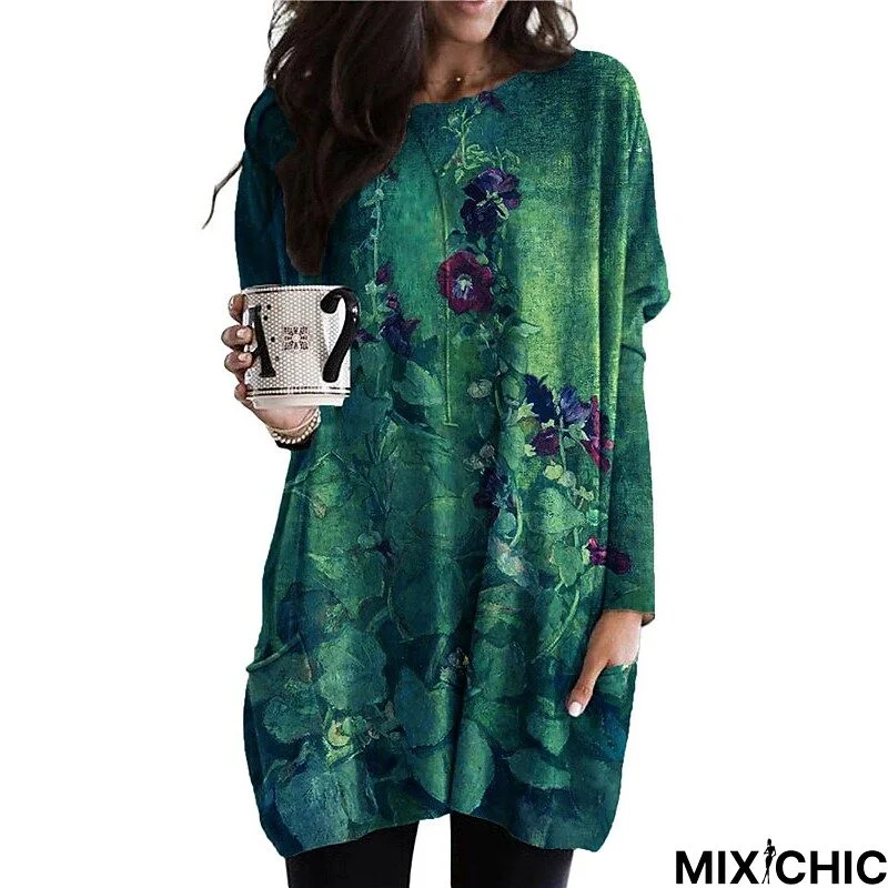 Women's Casual Dress Shift Dress Midi Dress Yellow Blue Green Long Sleeve Floral Pocket Winter Fall Autumn Crew Neck Vacation Winter Dress Fall Dress Loose Fit 2023 S M L XL XXL 3XL