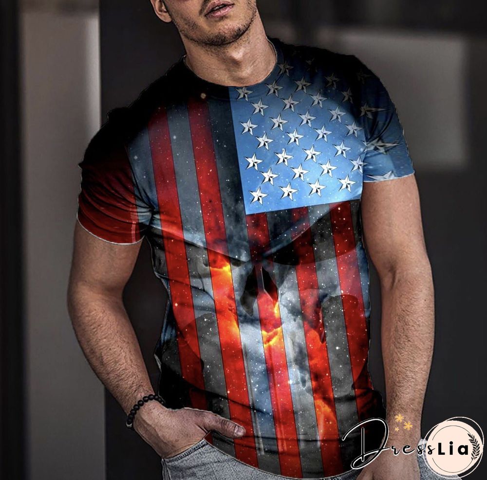 Flag 3D Printed Crew Neck Short Sleeve Street Trend