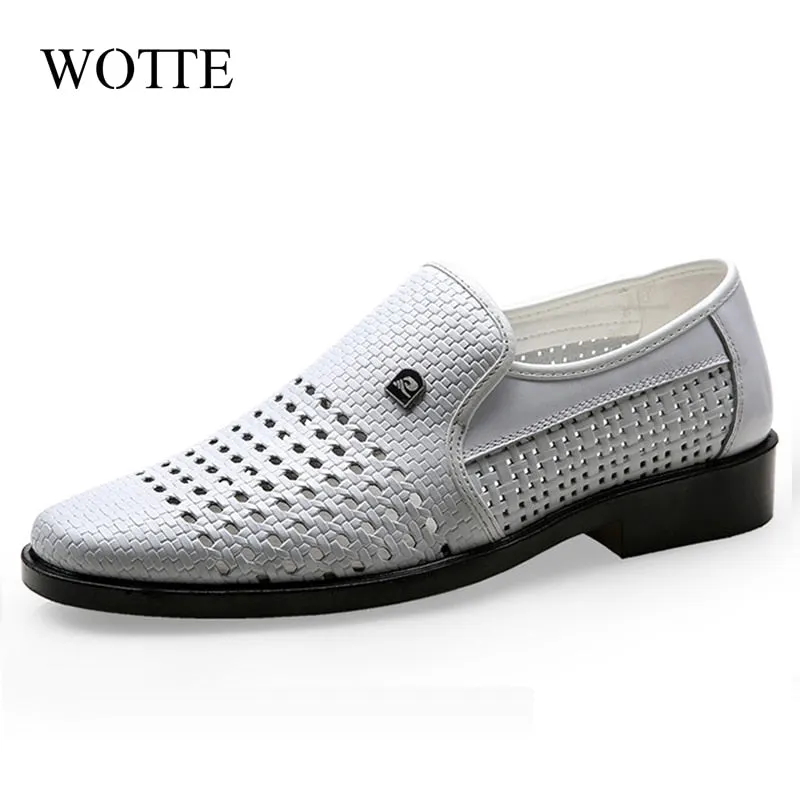 WOTTE Spring Men Loafers Leather Men Shoes Summer Hollow Breathable Oxfords Man Casual Shoes Slip On Formal Dress Shoes For Man