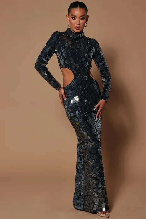 Mock Neck Cut Out Mirrored Sequin Maxi Dress-Black